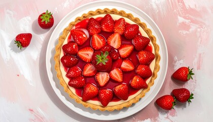 Overhead shot of a strawberry tart on a white plate, surrounded by fresh berries. A glossy red glaze covers the fruit