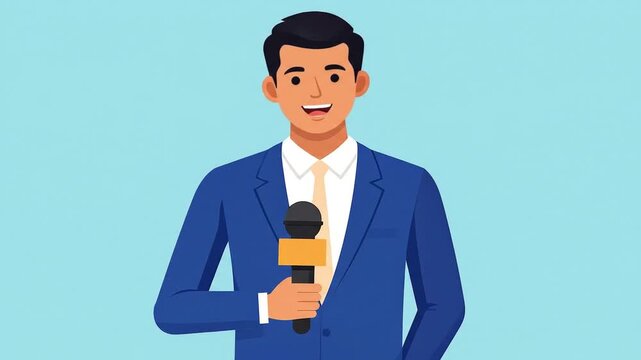 A professional male news reporter or journalist in a blue suit, smiling while holding a microphone.