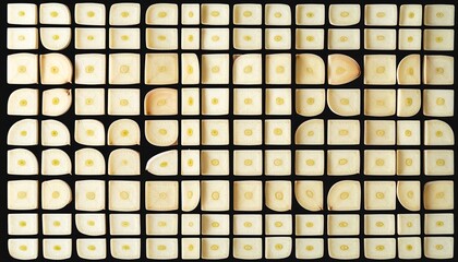 An overhead studio shot showcases a grid arrangement of various sliced food items, each revealing interior shapes and textures