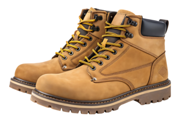 Pair of brand new tan leather work boots isolated on black background durable footwear for construction and outdoor activities