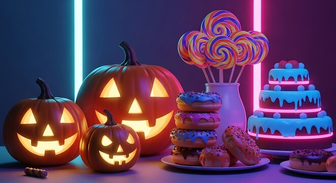 Halloween pumpkins and sweets with neon lights creating a festive atmosphere