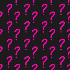 Seamless pattern of pink question marks on black background. Pink question mark seamless pattern background with doodle style. Hand drawn doodle pink question mark pattern background.