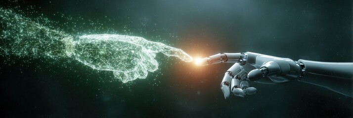 Digital hand touching robot arm in dark space