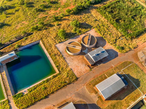 aerial view wastewater treatment plant, water works plant in Botswana, improves water supply and quantity, purification of industrial water in Africa