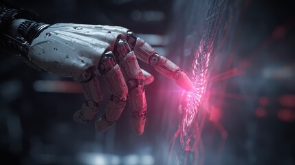 Robotic hand touching glowing surface closeup view