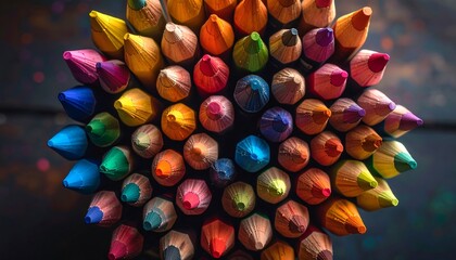 An overhead view of a bundle of sharpened color pencils creates a vibrant and artistic display