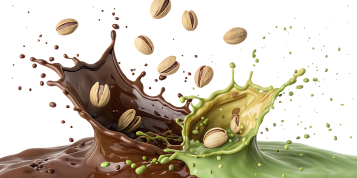 Pistachio Collision A Vibrant Splash of Chocolate and Green Tea Flavors with Falling Nuts on a Black Background