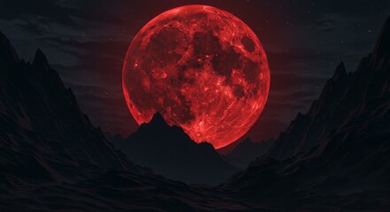 Blood red moon rising over dark mountains
