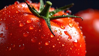 Close Up of Red Tomato with Water Droplets on Black Background