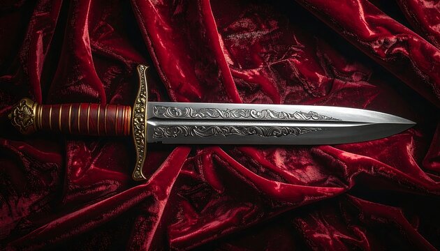 Ornate dagger on red velvet - Powered by Adobe