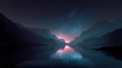 Dark mountain lake reflecting colorful sky above