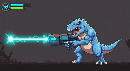 Cartoon dinosaur rex shooting laser gun in game illustration