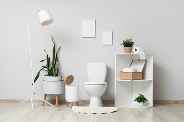 Interior of light restroom with toilet bowl, shelf unit and plants