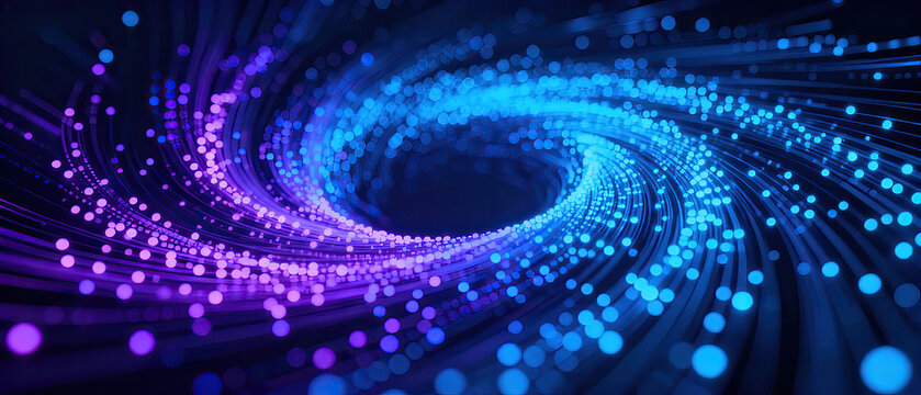 A vivid abstract design features a swirling spiral of blue and purple digital particles, representing modern technology and futuristic concepts.
