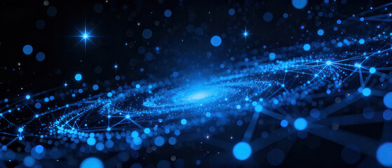 An abstract digital galaxy scene with stars and connecting lines representing a futuristic technological concept.
