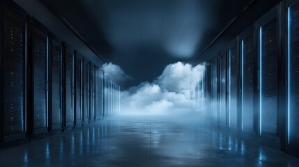 Hallway with clouds and blue light at the end