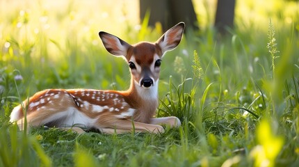 Adorable white-tailed fawn lying in tall green grass – soft natural lighting, realistic fur patterns, and delicate spots highlighting its youthful charm.