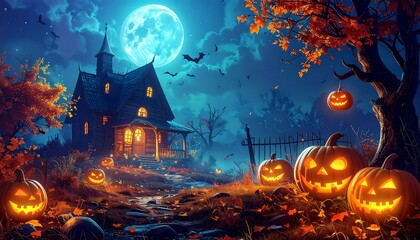 Spooky Halloween house with jack-o'-lanterns