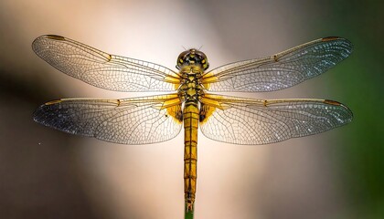 An overhead view reveals a vibrant dragonfly, its delicate wings spread wide showcasing intricate patterns. Yellow and brown tones dominate