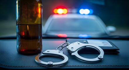 Drinking and Driving Bottle, Handcuffs, and Police Car Signals in the Dark