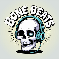 Skull wearing headphones, bone beats caption, audio lover mascot, music fan art, edgy street style, vibrant vector illustration