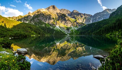 Stunning mountain range with a vibrant green lake reflecting peaks & a clear sky, bathed in sunlight