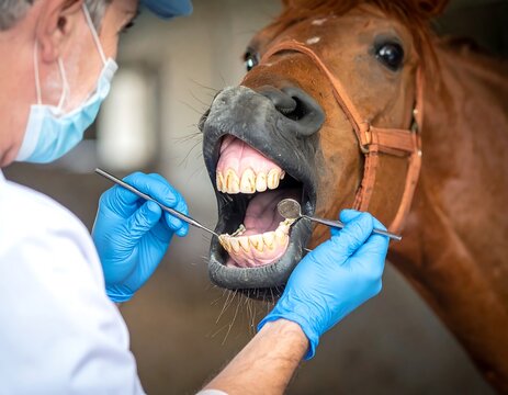 A veterinarian examines a horse's teeth