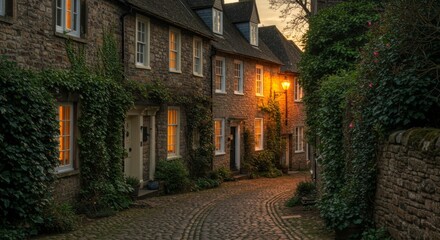 Idyllic village street with stone buildings and warm light at dusk