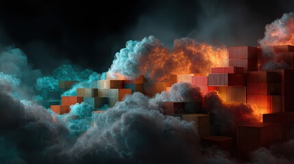 Abstract blocks with smoke and colored lighting