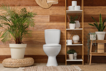 Interior of restroom with ceramic toilet bowl, shelf unit and plants