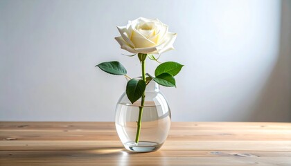 A single white rose in a transparent glass vase on a minimal wooden table
