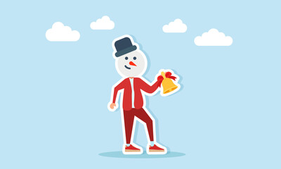 Man in red outfit wearing snowman mask holding bell illustration of christmas holiday celebration