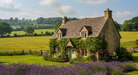 Obraz premium Quaint english cottage with lavender and flowering vines