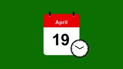 April 19 Calendar Icon Animation with Time Symbol. Calendar Icon Red and White Banner April 19.