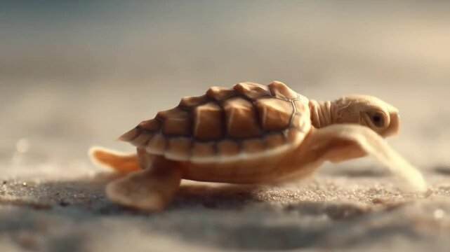 A tiny sea turtle crawls across the sandy beach, a symbol of resilience and hope.