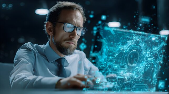 Businessman analyzing AI-generated data on laptop with holographic circuit board and automated chart overlay, futuristic data science workspace, high-resolution digital clarity --ar 16:9