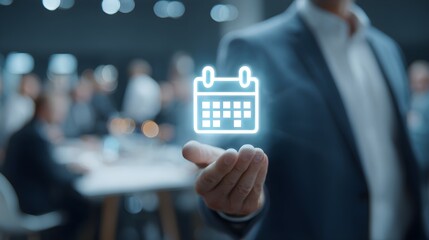 Businessman holding a glowing virtual agenda icon, calendar interface for business meetings in a sleek conference setting --ar 16:9