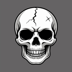 detailed human skull illustration, cracked forehead mark, monochrome engraving style, gothic emblem design, vintage horror tattoo vector
