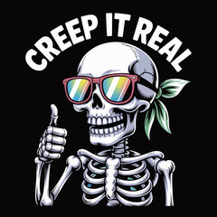 Creep it real skull, sunglasses and thumbs up, edgy retro vibe, monochrome bones style, urban halloween sticker, vector