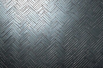 Herringbone metallic tile pattern with reflective steel finish, industrial and modern surface design for architecture.