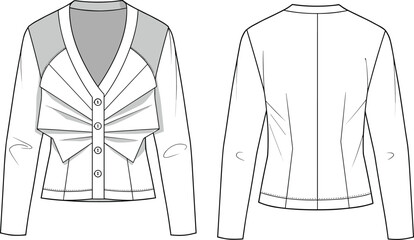 Elegant pleated bow front cardigan women fashion top technical garment template cad drawing flat vector illustration with sewing details