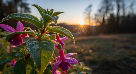 Dew-Kissed Fuchsia Blooms Bathed in Golden Sunrise Light with Bo