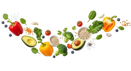 Vibrant array of fresh vegetables, fruits, and grains arranged i