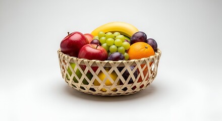 A Woven Basket Overflowing with Fresh, Colorful Fruits on White