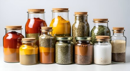 Assorted spices layered in glass jars with cork and metal lids o