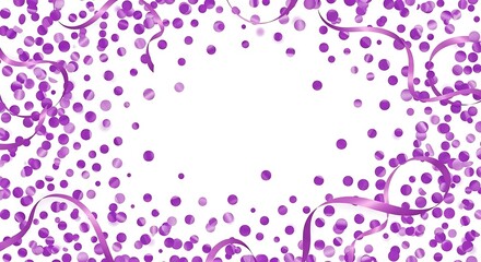 Festive frame design adorned with purple confetti and serpentine ribbons