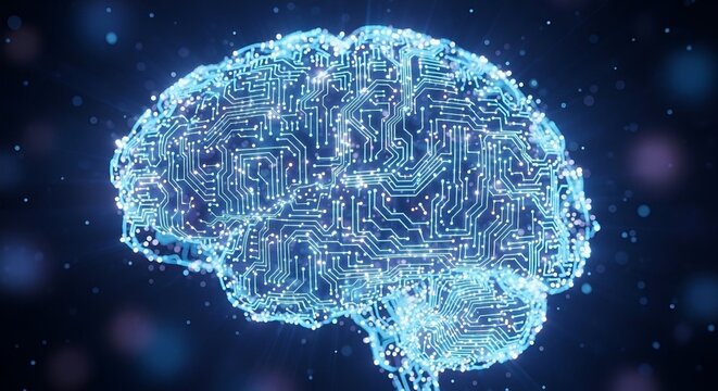 Glowing circuit board brain illustration against a dark backgrou