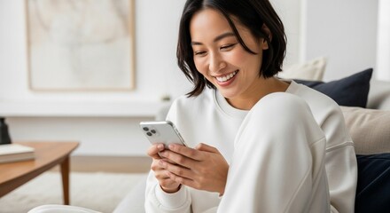 リビングにてスウェットのセットアップ姿でスマホを操作する、休日の日本人女性