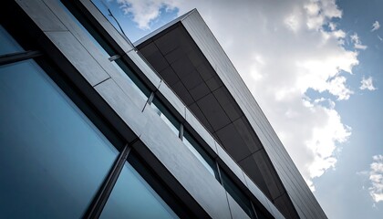 An upward perspective captures a sleek, modern building against a dynamic sky filled with clouds and sunlight
