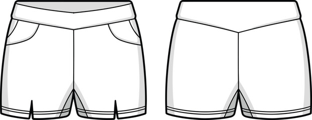 High waist shorts cad drawing flat vector illustration showing fashionable technical design template for stylish summer women apparel and clothing pattern